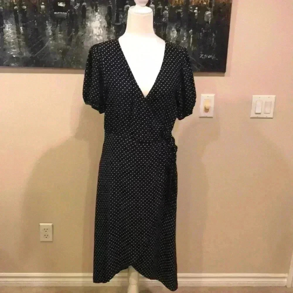 Sanctuary Faux Wrap Navy and Tan Polka Dot Dress w/Side Tie Hi Low Hem-Size 12